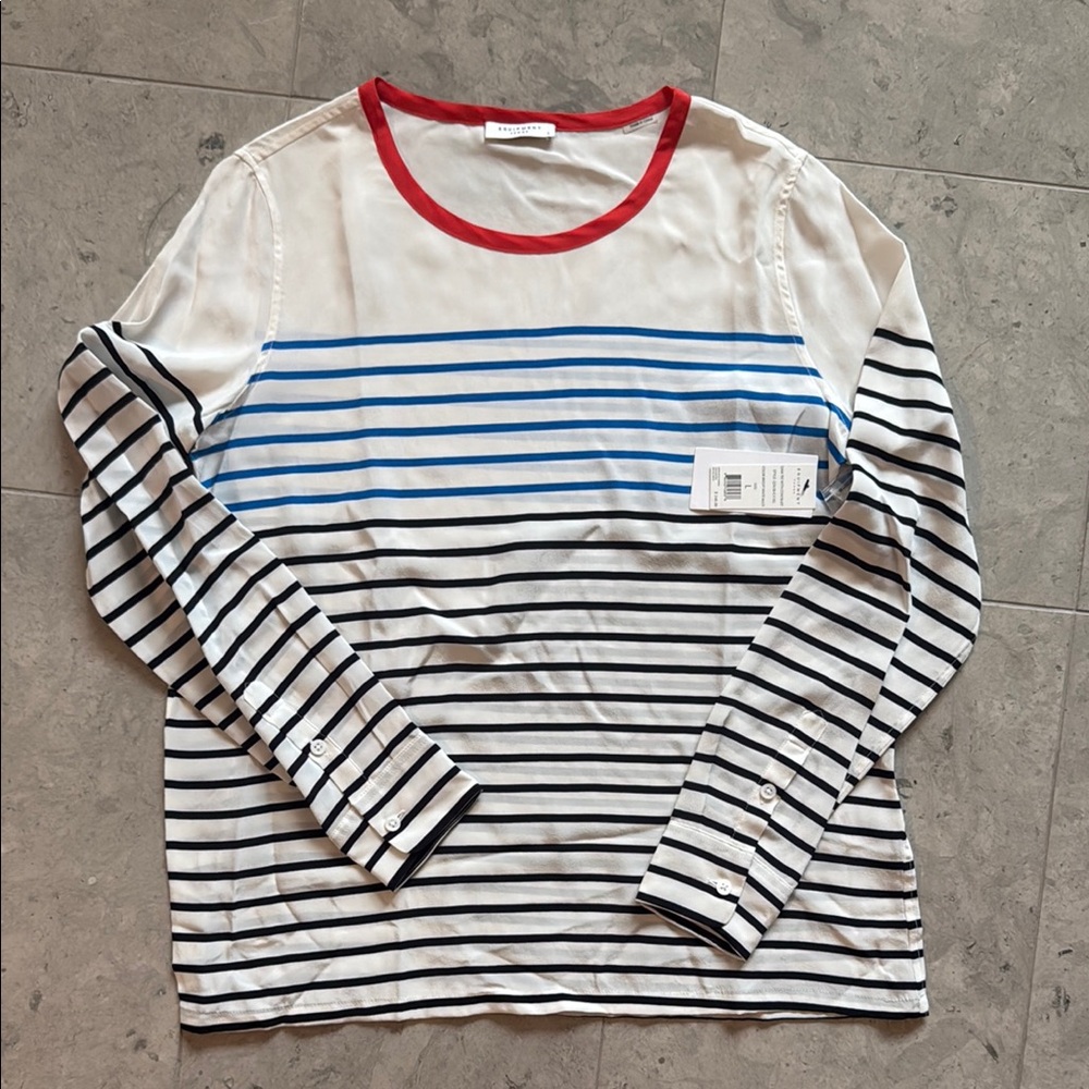 *NWT* Equipment Striped Long Sleeve Shirt with Red Trim sz L
